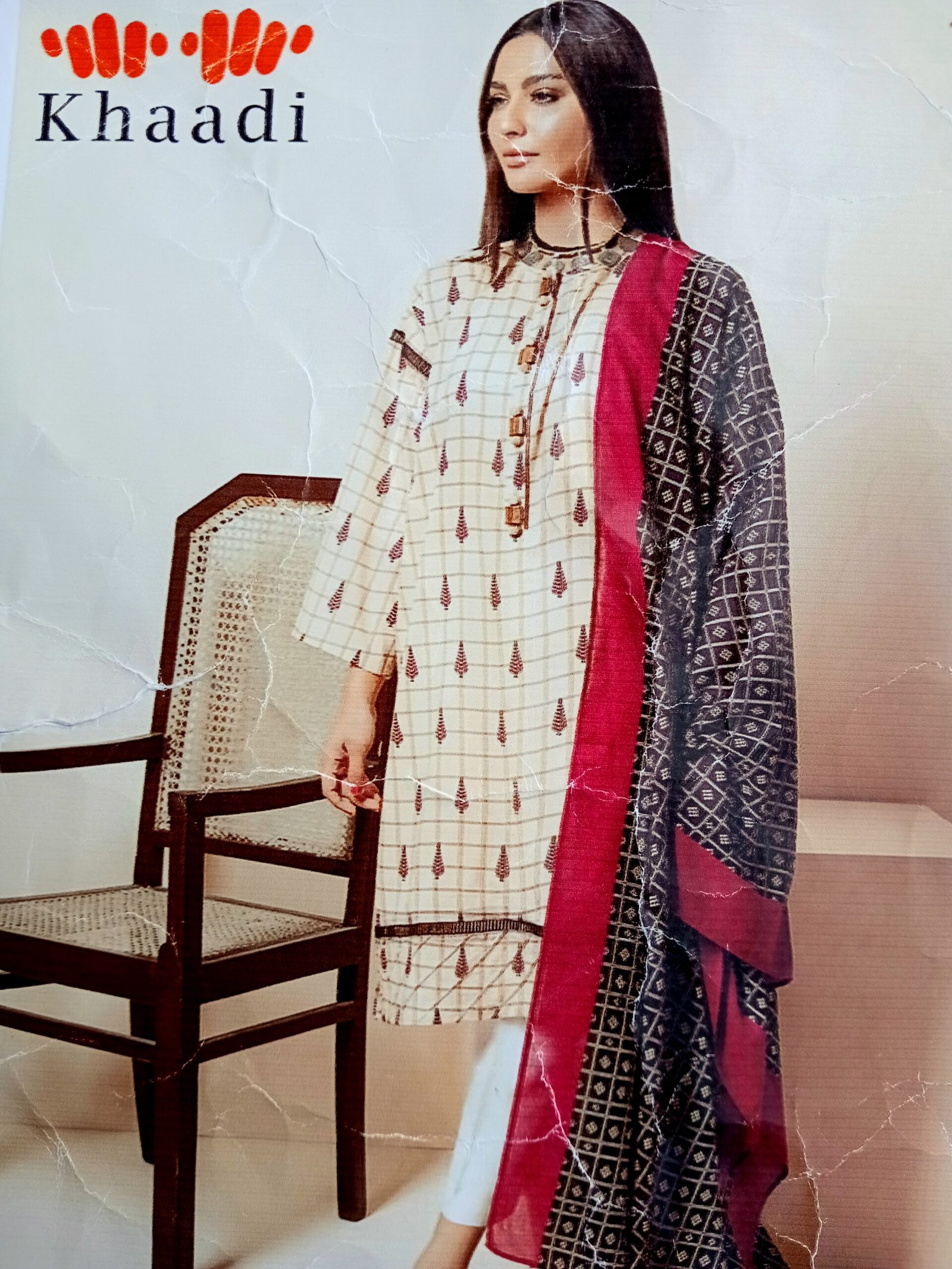 Premium Khadi Lawn 3-Piece Suit – Light Blue, Cream & Navy with Free Pouch