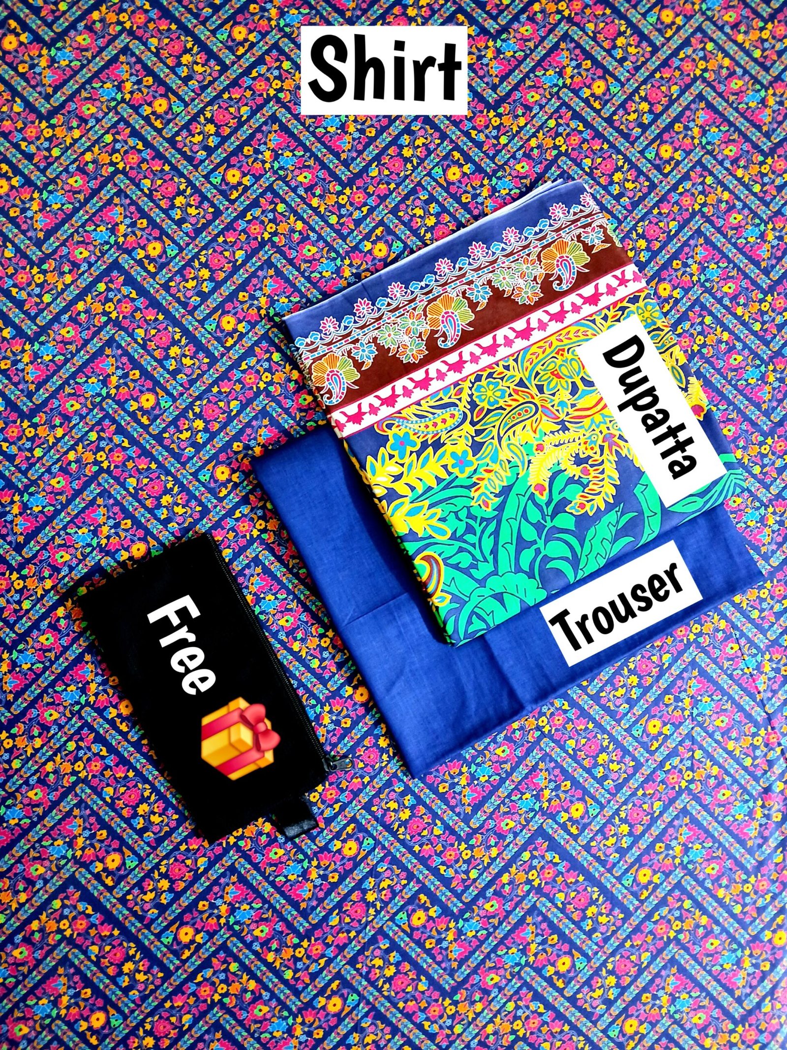 Premium Kasturi Digital Lawn 3-Piece Suit – Multicolor Floral & Blue with Free Pouch - Image 2